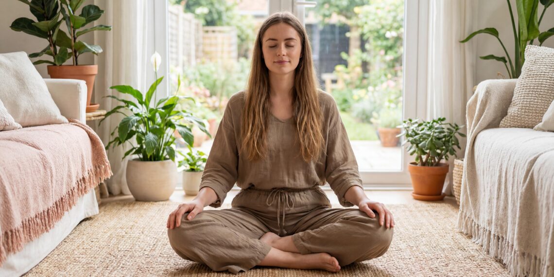 Young woman meditating at home. Mindfulness concept. Female prac