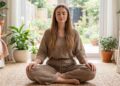 Young woman meditating at home. Mindfulness concept. Female prac