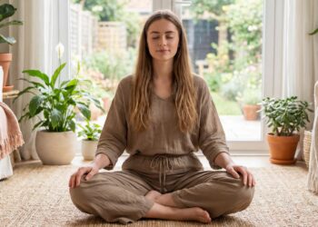 Young woman meditating at home. Mindfulness concept. Female prac