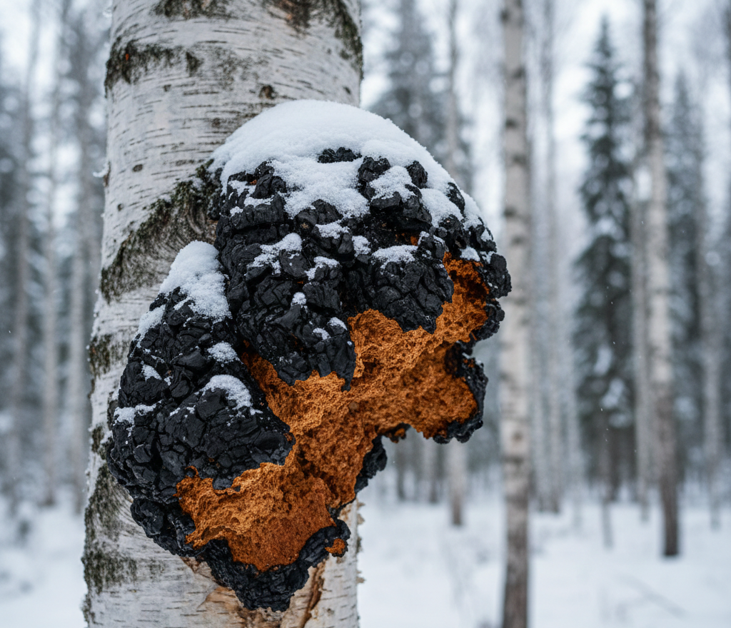 Wild chaga mushroom growing on birch tree in cold climate forest