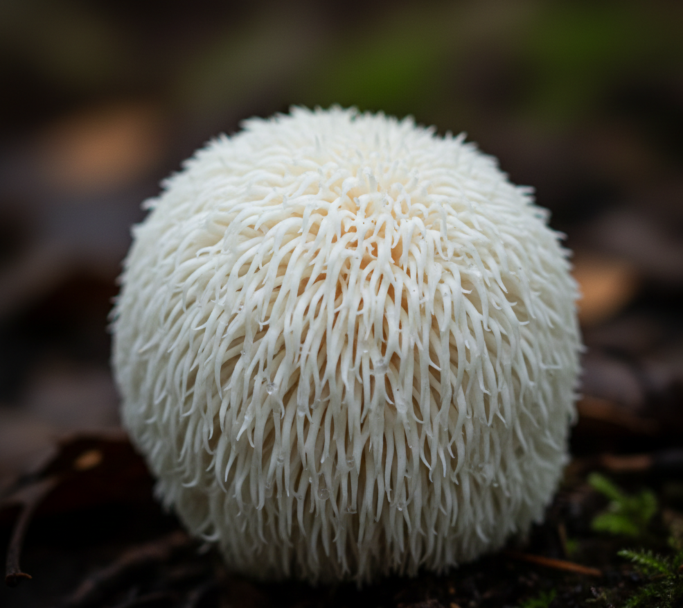 Fresh lion's mane mushroom, known for cognitive enhancement and nerve growth support