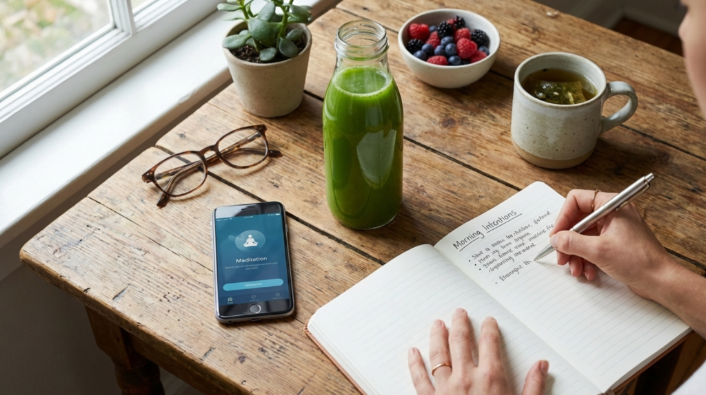 Morning meditation and detox routine journal writing and green morning juice
