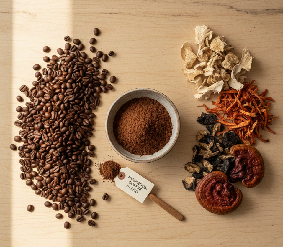Mushroom coffee ingredients: coffee beans alongside lion's mane, chaga, cordyceps, and reishi mushrooms
