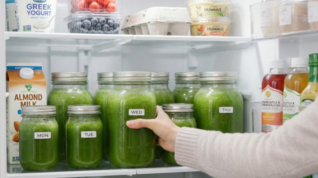 Weekly green juice prep showing mason jars lined up in fridge