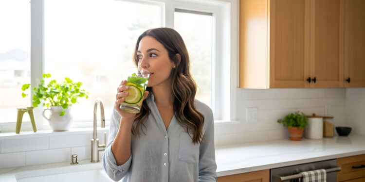 Woman Drinking Refreshing Infused Water in Bright White Kitchen