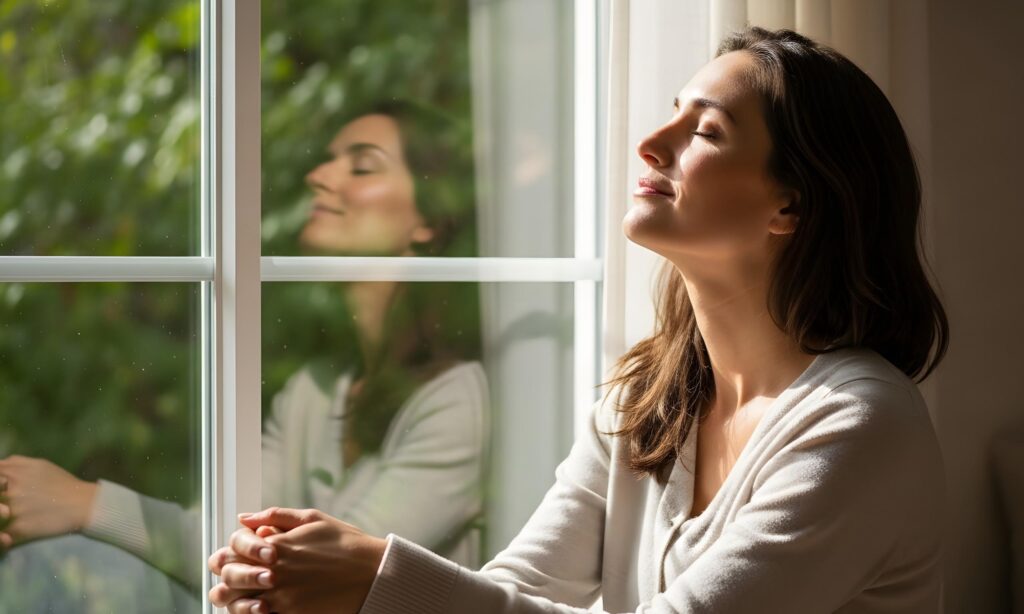 woman meditating in the morning by the window she is calm and happy 