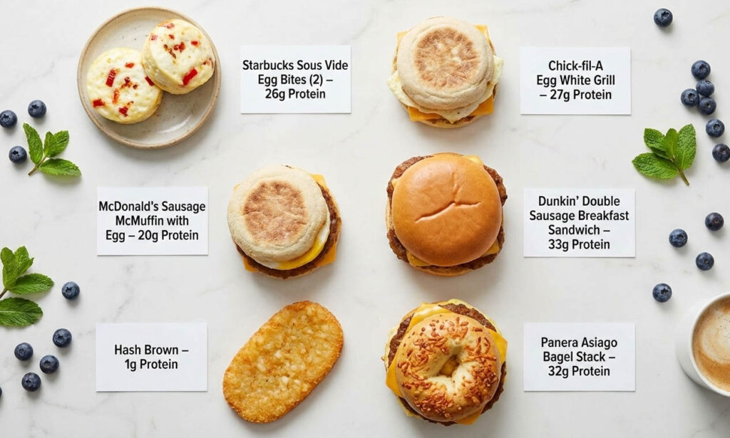 lay flat showing high protein fast food items you can buy