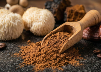 Mushroom coffee powder blend with lion's mane, chaga, and coffee beans