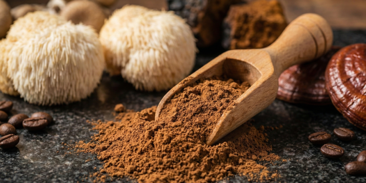 Mushroom coffee powder blend with lion's mane, chaga, and coffee beans