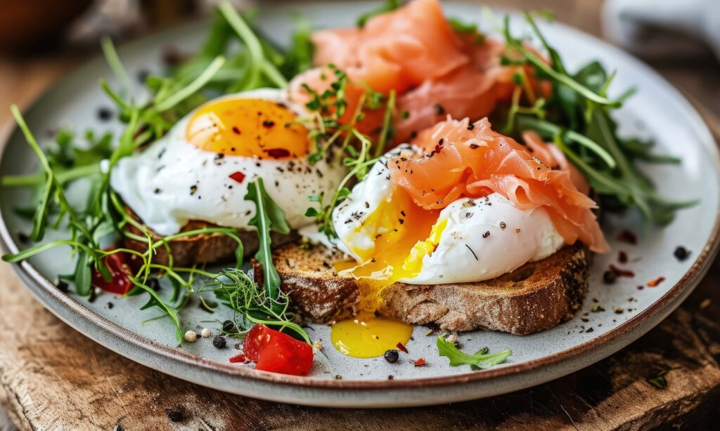 gluten free diary free breakfast with eggs meat and greens Luxury breakfast brunch and food recipe poached eggs with salmon and greens on gluten free toast