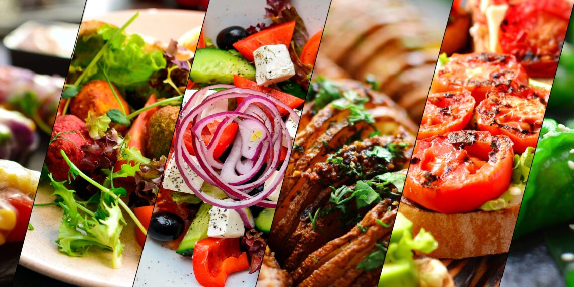 Collage of various food. Healthy and tasty vegetarian food, menu. Delicious