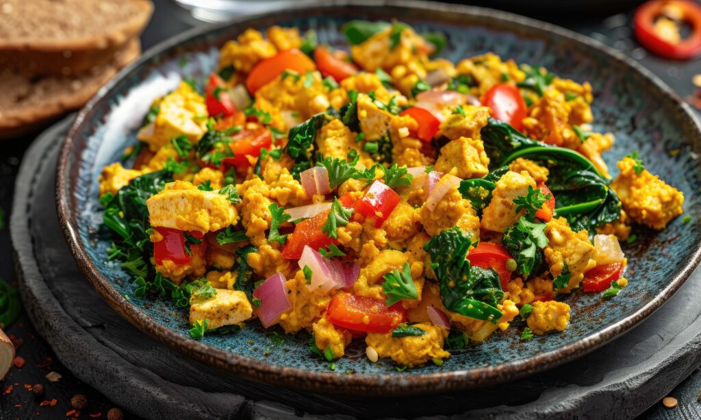 A colorful tofu scramble with bell peppers, spinach, onions, and turmeric served with whole grain toast